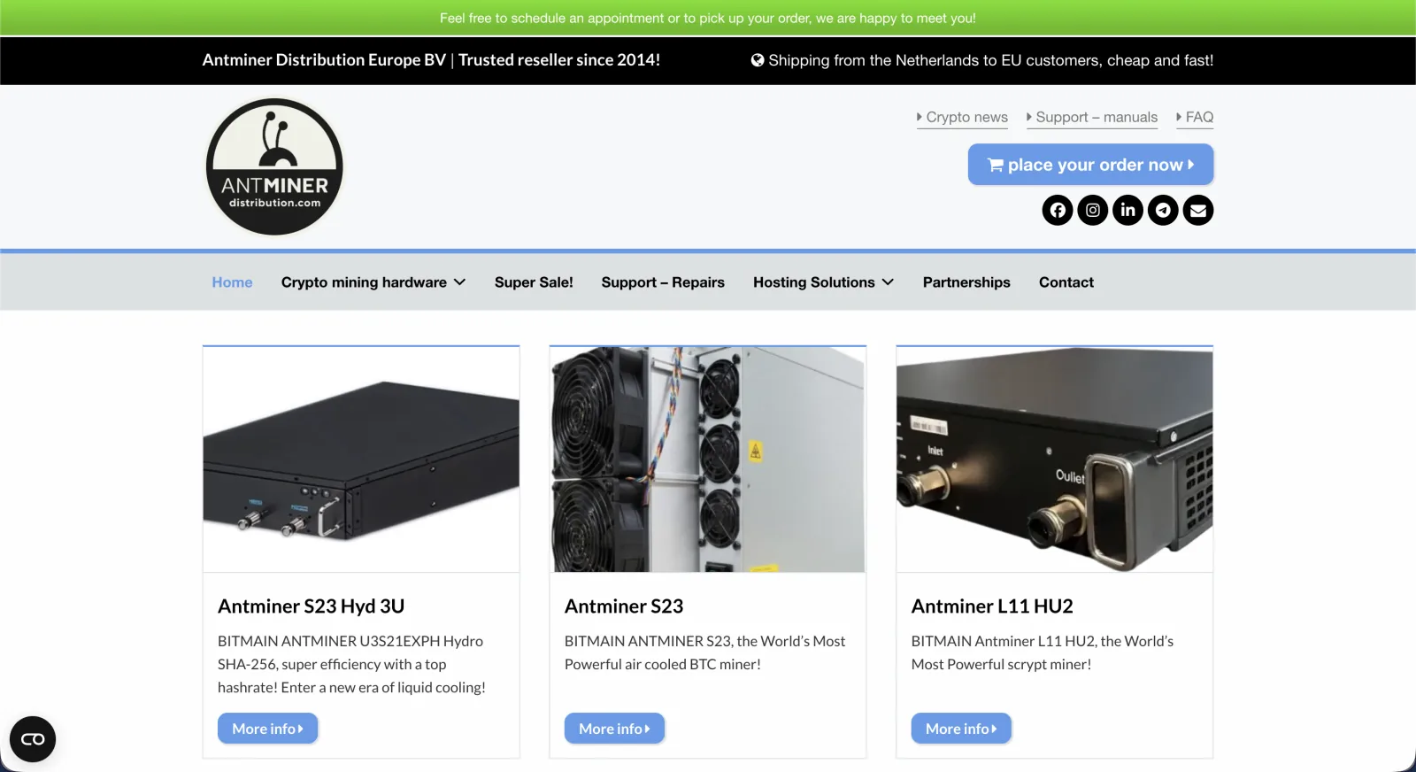 Screenshot van de website van Antminer Distribution